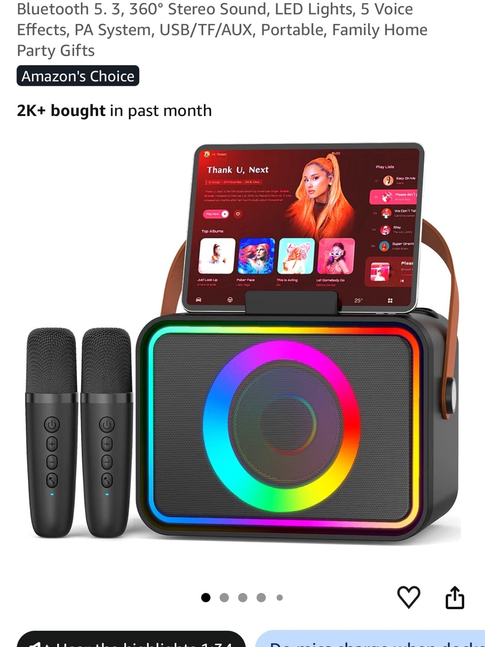 Portable Bluetooth Speaker with RGB LED & Dual Wireless Mics - Black